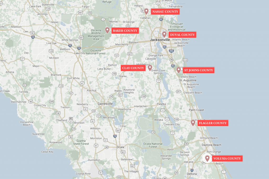 ElderSource Service Area Map showing Nassau, Baker, Duval, Clay, St Johns, Flagler and Volusia counties